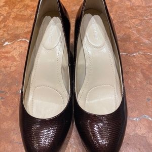 Women’s Calvin Klein brown patent leather wedges